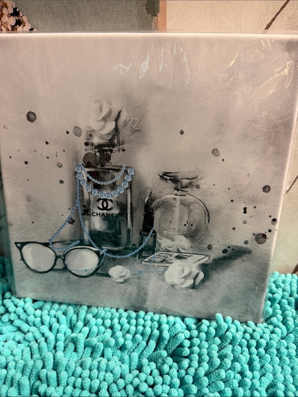 Designer Fashion Black & Teal Vanity Still Life Canvas. 10x10”. 🆕